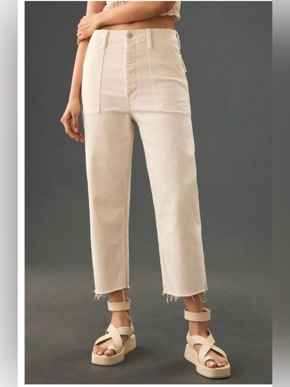 MOTHER Patch Pocket Private Ankle Fray Jeans Cream Puffs Ecru Straight crop 26